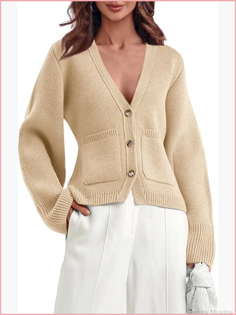 Deep V-Neck Cardigan Sweater Open Front Button Down Long Sleeve Cropped Knit